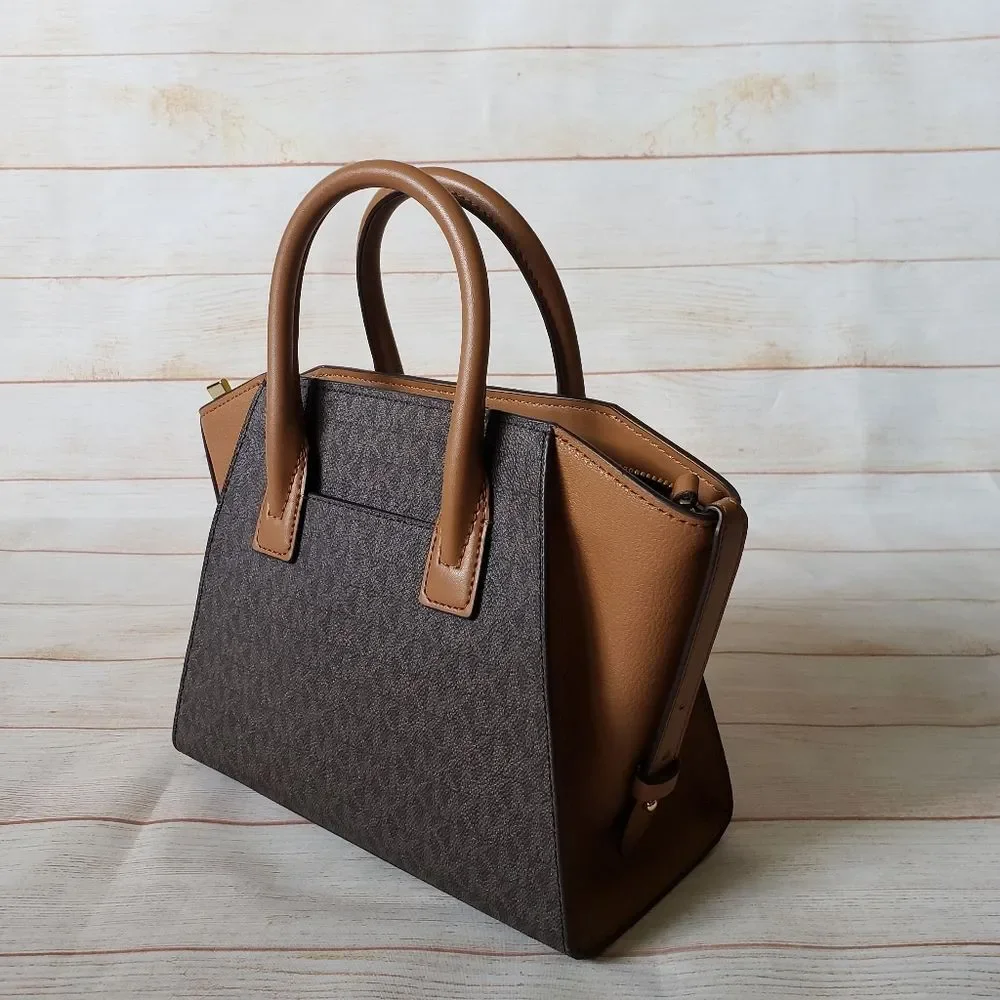 Michael Kors Signature Logo Avril Top Zip Satchel/Crossbody Handbag Small Brown